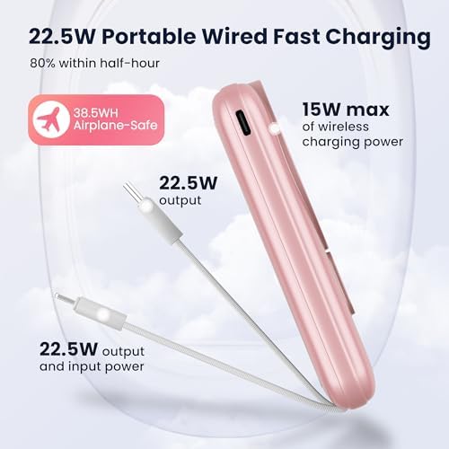 Sleek Pink Wireless Power Bank – 10,000 m Ah Magnetic Charger with PD 15 W Fast Charging, Lightning & USB-C Compatibility for i Phone 16 Pro Max/15/14 Series & Android Devices – Ultimate Portability & Enhanced Charging Speed
