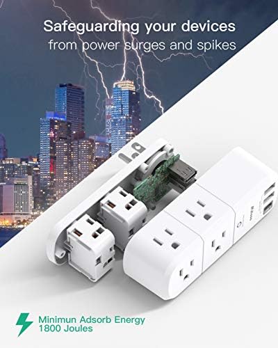 Mifaso 6-Outlet Surge Protector with 3 USB Fast Charging Ports – Rotating Plug Power Strip for Home, Travel, and Dorm Room Use – 1800 Joules of Protection with 3-Sided Swivel Design for Maximum Accessibility and Device Compatibility
