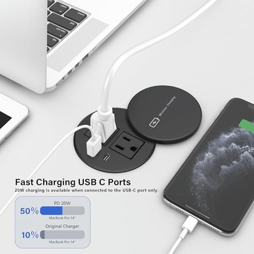 Elevate Your Workspace with a 15 W Wireless Charging Recessed Power Grommet – 20 W USB-C Fast Charging Station, Dual AC Power Outlets, Sleek Flush Mount Desk Power Solution for Tidy Cable Management and Enhanced Efficiency in Office and Home Environments