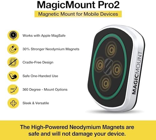 Transform Your Driving Experience with the Scosche MP2 FM-XCES0 Magic Mount Pro2 – Universal Flush Magnetic Car Mount Compatible with Mag Safe, i Phones, Galaxy, Pixel & All Smartphones – Effortless Hands-Free Access and Enhanced Stability for Safe Navigation