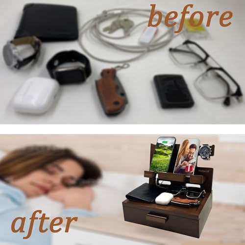Gifts for Men Women Husband Son Boyfriend Him Nightstand Organizer Wood Phone Docking Station Birthday Gifts (Walnut) – Enhanced Compatibility and Speed