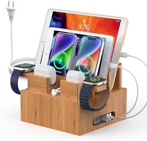 Eco-Friendly Bamboo Multi-Device Charging Hub: Efficient Organizer with Rapid Charge Technology and 5 Premium Cables for Phones, Tablets, Earbuds & Smartwatches – Elegant Power Station for Home & Office Efficiency