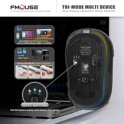 Sleek Dual Connectivity Transparent Wireless Mouse – Rechargeable RGB with USB-C Receiver for Mac Book & Laptops, Compact Design with Cool LED Lights, Silent Operation, and Magnetic Cover for Enhanced Portability – Orange