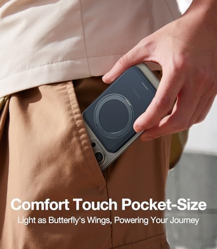 TORRAS 5,000 m Ah Magnetic Power Bank with Integrated Stand – Ultra-Slim Wireless Charger for i Phone 15 Series & Samsung Galaxy S24 Ultra – Fast Charging Convenience for On-the-Go Power Needs – Lightweight & Durable Design for Effortless Portability