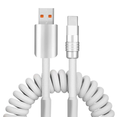 Dynamic Curly Chubby Coiled USB C Cable: 240 W Fast Charge Retractable Spiral Braid Cord for Carplay & Android Auto, Versatile Length 2.29 FT to 3.6 FT, Sleek Black and Red Design, Enhanced Compatibility for All USB-A to Type-C Devices