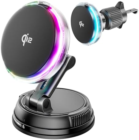 Ultimate Qi2 15 W Mag Safe Car Mount Charger with Cooling Fan – Enhanced Rapid Charging and 78+ lbs Suction Power for i Phone 12-16 – Stylish RGB Lighting and Optimal Device Protection for On-the-Go Convenience and Hands-Free Navigation