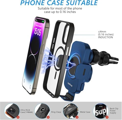 Ultimate 15 W Fast Wireless Car Charger with Auto-Clamping Technology – Sleek Blue Design for i Phone 11-16 Pro Max & Samsung Galaxy S Series – Effortless Charging, Secure Hold, and Stylish Vehicle Integration for Enhanced Driving Convenience