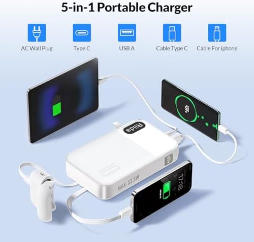 Ultimate 10,000 m Ah Portable Charger with Built-in Cables – 22.5 W Fast Charging Power Bank for i Phone 16/15/14/13, Samsung Galaxy S24/S23/S22, Google Pixel, and LG Devices – Travel-Friendly Battery Pack with AC Wall Plug for Effortless Recharging, Sleek Black Design for On-the-Go Convenience