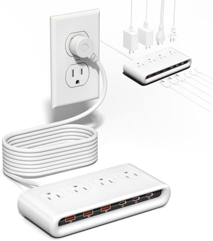Ultimate 10-in-1 Flat Plug Power Strip with PD20 W Fast Charging – 4 AC Outlets & 6 USB Ports (3 Type C + 3 USB A) – 5 ft Extension Cord for Travel – Streamlined Non-Surge Protector Charging Station for Home & Office Use – Space-Saving Design for Enhanced Compatibility and Efficiency
