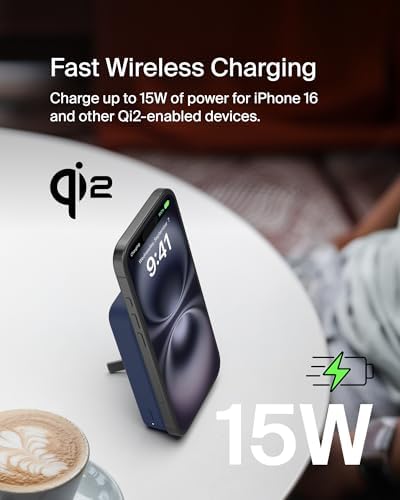 Belkin 5000 m Ah Wireless Power Bank with Qi2 Technology – Mag Safe-Compatible Portable Charger Featuring Built-in Kickstand for i Phone 16, 15, 14, 13, Plus, Pro, Pro Max – Sleek White Design for Seamless Charging on the Go – Optimal Speed & Versatile Compatibility