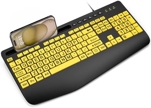 SABLUTE Ergonomic Large Print Wired Keyboard with Wrist Rest & Phone Holder – Perfect for Enhanced Visibility and Comfort in Windows, Desktop & Laptop Use – Eye-Catching Yellow Design for Effortless Typing Experience