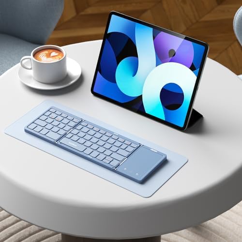 Portable Tri-Fold Bluetooth Keyboard with Touchpad – Rechargeable Multi-Device Wireless Companion for Laptops, i Pads, and Smartphones – Perfect Travel Accessory for Windows, i OS & Android Users – Enhance Your On-the-Go Productivity