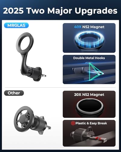 MRGLAS Mag Safe Car Phone Holder – 2025 Enhanced 40 Magnet Air Vent Mount with 360° Rotation for Optimal Viewing – Secure Double Metal Hook Design Compatible with i Phone 16, 15, 14 Pro Max Plus, Samsung S25 & S24 – Ultimate Hands-Free Navigation Solution