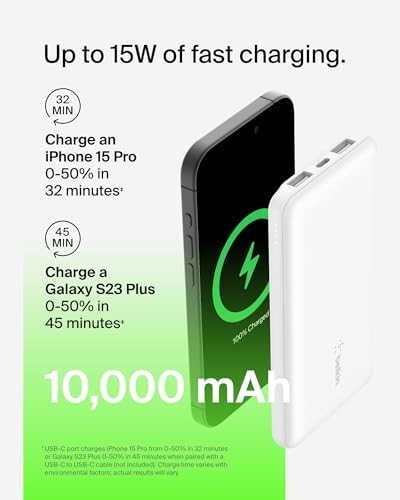Belkin 10,000 m Ah Portable Charger – Fast Charging USB C Power Bank with Dual USB-A Ports for Multiple Devices, Includes Type-C to Type-A Cable, Compatible with i Phone 16, Samsung Galaxy S25, Nintendo Switch 2, i Pad & More – Lightweight Blue Design for Effortless Portability and Enhanced Power Delivery