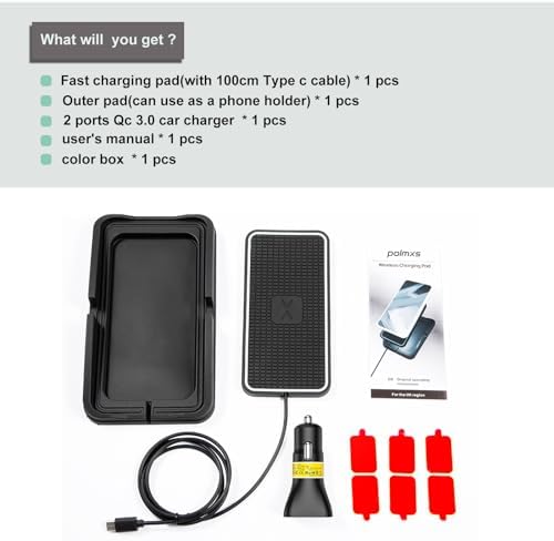 POLMXS 15 W Wireless Car Charger Pad – Fast Charging Solution for i Phone and Galaxy – Non-Slip, Compact Design for Ultimate Convenience – Overheating Protection & Enhanced Device Compatibility – Ideal for Travel and Navigation