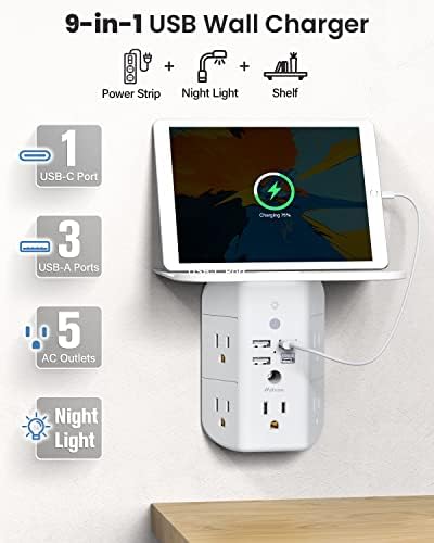 Revolutionary Wall Outlet Extender with Integrated Shelf & Adjustable Night Light – 5 USB Ports Including Rapid USB-C Charging, Surge Protection, and Compact Design for Enhanced Organization and Efficiency