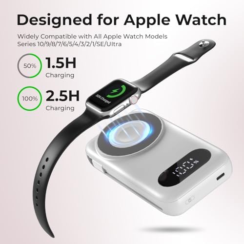 26800 m Ah Magnetic Portable Power Bank for i Phone & Android – 6-in-1 Wireless Charger with Built-in Cables for i Watch & Air Pods – Fast Charging Solution with Enhanced Safety Features – Compatible with All Major Devices (White)