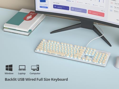 Vintage-Inspired Retro Typewriter Coffee Keyboard – Full-Size 104 Keys with LED Backlighting | Sleek & Silent Wired Membrane Design for Home & Office | Enhanced Compatibility for PC, Laptop, and Desktop Use | Elevate Your Workspace Aesthetics and Productivity