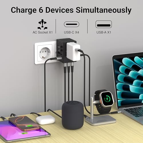 EZQuest 35 W Ga N 5-Port Universal Travel Charger – Compact International Adapter with 4 Plug Types (US/UK/EU/AU) for Global Use – 4 USB-C & 1 USB-A Ports with PD Fast Charging – Lightweight Black Design for Effortless Portability and Device Protection