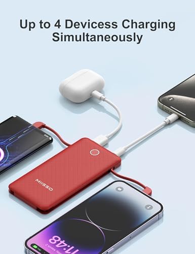 miisso 10000 m Ah Ultra-Slim Portable Power Bank with Integrated Charging Cables – Multi-Device USB-C Travel Charger for i Phone & Samsung – Compact, Lightweight Battery Pack Designed for Maximum Portability and Efficiency