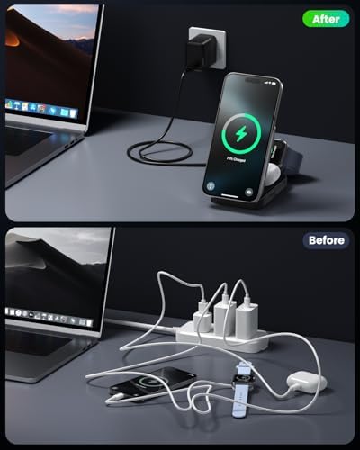 3-in-1 Qi2 Certified Wireless Charging Station – 15 W Fast Magnetic Charger for i Phone 16/15/14/13/12, Apple Watch, Air Pods – Foldable Design with 30 W USB-C Adapter for Ultimate Compatibility and Efficiency – Elevate Your Charging Experience with Enhanced Safety Features and Versatile Viewing Angles