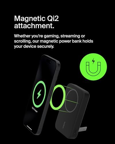 Belkin 5000 m Ah Wireless Power Bank with Qi2 Technology – Mag Safe-Compatible Portable Charger Featuring Built-in Kickstand for i Phone 16, 15, 14, 13, Plus, Pro, Pro Max – Sleek White Design for Seamless Charging on the Go – Optimal Speed & Versatile Compatibility