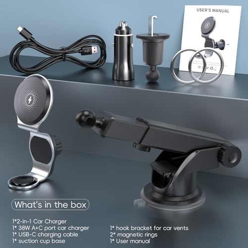 Revolutionary 2-in-1 Wireless Car Charger with Mag Safe Mount – Fast 15 W Magnetic Charging for i Phone 15/14/13/12 & Apple Watch | 7 LED Color Indicators for Real-Time Status | Ultimate Compatibility with Mag Safe Cases and Accessories for Hassle-Free On-the-Go Power Solutions