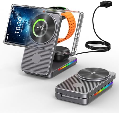 Revolutionary 3 in 1 Magnetic Wireless Charging Hub for Samsung Devices – Ultimate Foldable Mag Safe Station for Galaxy S25 Ultra/S24/S23 Ultra/S22, Galaxy Watch Ultra/8/7/6/5/4/Buds – Rapid Travel Charger with Enhanced Compatibility and Sleek Design for On-the-Go Charging Solutions