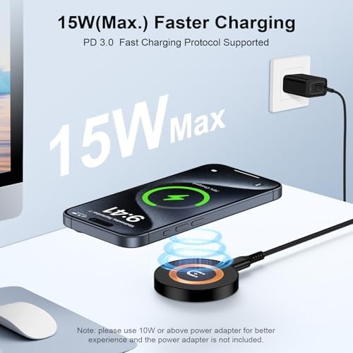 15 W Magnetic Fast Charging Pad for Google Pixel 9, 8 Pro, i Phone 16 & Samsung Galaxy Series – Ultimate Wireless Charger with 20 W USB-C Block and 3 ft Cable, Sleek Design for Home & Travel, Enhanced Safety Features, Quick Charge Your Devices Anywhere