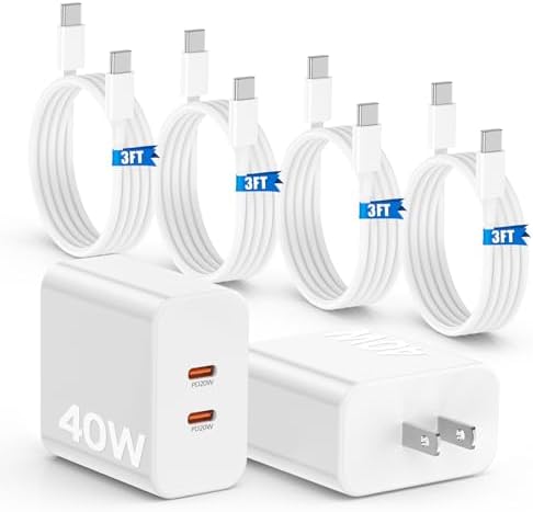 Ultra-Fast 40 W Dual-Port USB-C Charger with 4 Premium 6 FT Cables | Perfect for i Phone 16/15 Pro Max, i Pad Pro & Samsung S24 | Compact, Travel-Ready Design for Effortless Charging | Experience Rapid Power Delivery & Versatile Compatibility for All Devices