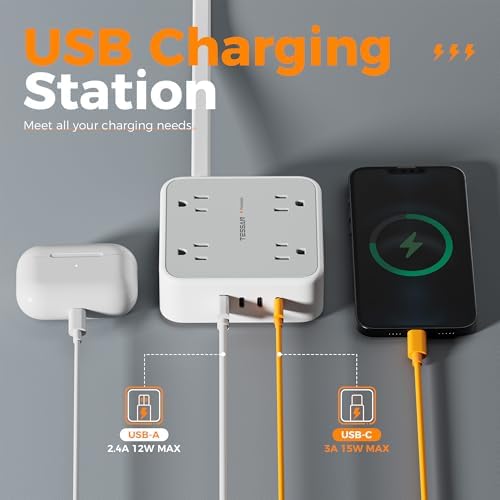TESSAN Power Strip Tower Surge Protector: 8 AC Outlets & 3 USB Ports (1 USB-C) with 900 Joules Protection, 5 FT Flat Plug Extension Cord – Ultimate Desk Charging Station for Home Office and Dorm Room Efficiency
