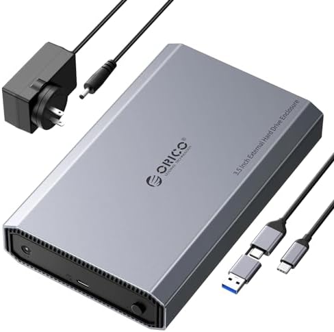 ORICO Premium Aluminum 3.5-Inch Hard Drive Enclosure – Ultra-Fast USB 3.2 Gen 2 6 Gbps Transfer for 3.5/2.5 Inch SATA HDD/SSD Up to 20 TB – Includes Versatile USB C to USB C/A Cable for Mac & Windows – Robust Design for Ultimate Durability and Heat Management