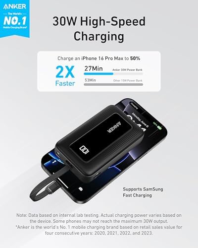 Anker 10,000 m Ah Power Bank – 30 W USB-C Fast Charging Portable Charger for Seamless Device Power, Compatible with i Phone 15/16, Mac Book, Galaxy, and More – Ultimate Travel Essential with Enhanced Safety Features and Dual Device Charging Capability