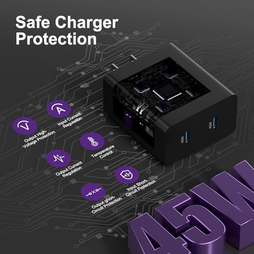 45 W Dual USB-C Fast Charger with 10 FT Cable for i Phone 16 & Galaxy S25 – Rapid Charging Solution for i Pad Pro/Air, Compact & Portable Power Block, Enhanced Device Compatibility