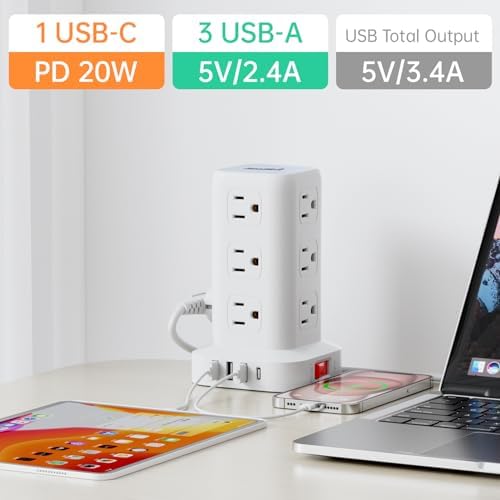 Elevate Your Charging Efficiency with the 12-Outlet Tower Surge Protector Power Strip – 6.5 Feet Extension Cord, 4 USB Ports Including USB-C, Compact Charging Station for Office and Home, Enhanced Surge Protection for Ultimate Device Safety