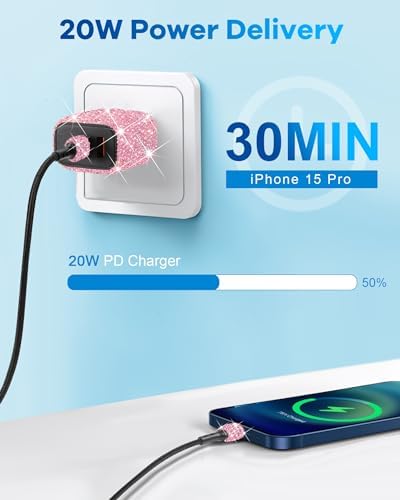 Effortless Power Boost: Bling USB C Wall Charger with 20 W Dual Port Fast Charging Adapter & 3.2 FT Type-C Cable – Universal Compatibility for i Phone 16/15 Pro Max, i Pad, and Samsung Galaxy S23/S22/S21/Note Series – Ultimate On-the-Go Charging Solution for Home & Travel