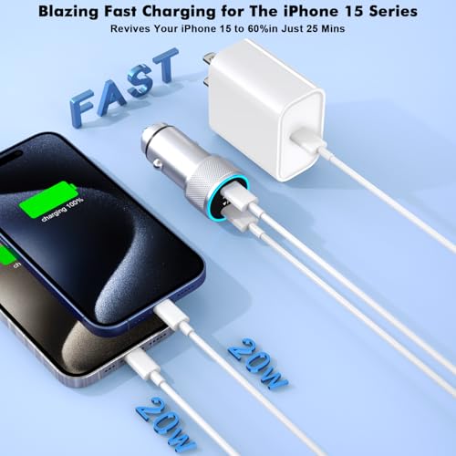 Effortless Power on the Go: 40 W Dual USB-C Fast Car Charger for i Phone with 2 Lightning Cables – Rapid Charging for i Phone 14/13/12/11 Pro Max and i Pads, Enhanced Compatibility, and Built-in Safety Features for Ultimate Device Protection