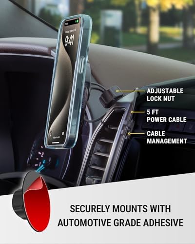Scosche MPQ6 DV-SP Magnetic Phone Mount with 15 W Wireless Fast Charger – Hands-Free Dashboard & Vent Holder for i Phone 12/13/14/15/16 Series & Mag Safe Cases – Ultimate Safety and Accessibility for Drivers on the Go