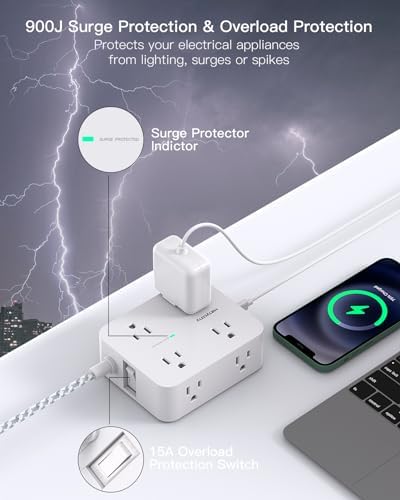 HANYCONY 6 ft Surge Protector Power Strip with 8 Outlets & 2 USB-C Ports – Essential College Dorm Extension Cord with Space-Saving Flat Plug for Fast Charging and Device Safety – Perfect for Home Office and Tech Needs
