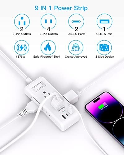 HANYCONY Travel Power Strip with 6 Outlets & 3 USB Ports – 5 ft Flat Plug Extension Cord for Cruise Ships & College Dorms – Space-Saving Wall Mount Design for Ultimate Convenience & Fast Charging Efficiency