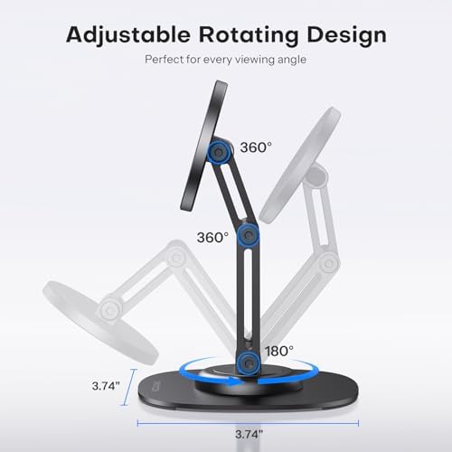 OMOTON 360°Rotating Magnetic Phone Stand for Desk, Adjustable Foldable Aluminum for MagSafe Cell Phone Stand Holder with Non-Slip Base, for iPhone 16/15/14/13 Pro Max/MagSafe Case- Black – Enhanced Compatibility and Speed