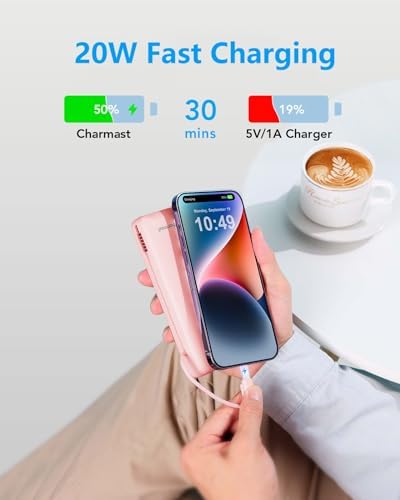 Charmast Ultra-Fast 20000 m Ah Portable Charger with Integrated Cables and Wall Plug – Universal Compatibility for i Phone 16/15/14/13, Samsung, Google, i Pad – Sleek Design, Rapid 20 W USB-C Power Delivery for On-the-Go Charging Solutions
