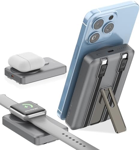 Ultimate 3-in-1 Magnetic Wireless Power Bank: 10,000 m Ah Fast Charging Battery Pack with Built-in USB-C & i OS Cable, Compact Design with Stand – Perfectly Compatible with i Phone 16/15/14/13/12/Pro/Mini/Pro Max for Effortless On-the-Go Charging