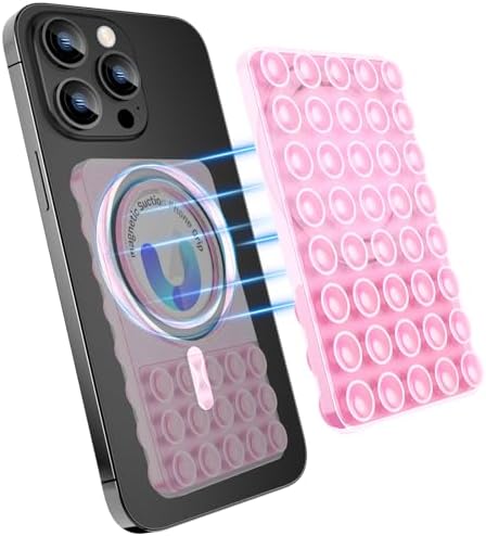 MGLK Silicone Suction Phone Case Magnetic Mount – Hands-Free, Strong Grip Holder for Selfies and Videos – Durable, Easy to Use – iPhone and Android Compatible for iPhone 15/14/13 Pro Max (Pink) – Enhanced Compatibility and Speed