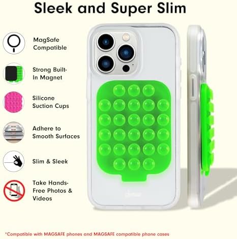 Sonix Magnetic Silicone Suction Cup Phone Mount for i Phone – Fluorescent Green Mag Safe Compatible Holder for Hands-Free Navigation and Streaming – Secure Grip, Easy Installation, and Vibrant Style for Your Vehicle Interior