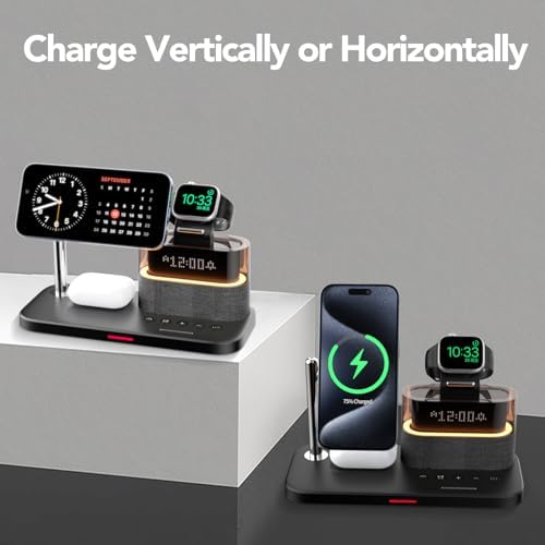 Ultimate 5-in-1 Wireless Charging Station with Alarm Clock and Night Light – Sleek Mag-Safe Dock for i Phone 16/15/14/13/12, Apple Watch & Air Pods – Fast Charging & Space-Saving Design for Nightstand Organization