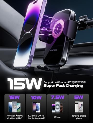 Gliship Ultra Wireless Car Charger Holder – 15 W Fast Charging Auto-Clamping Phone Mount for i Phone 16/15/14/13/12 Pro Max Plus & Samsung S23/S22/S21 – Versatile Dashboard, Windshield, & Air Vent Compatibility for Effortless Charging on the Go