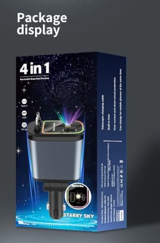66 W Retractable Fast Car Charger – 4-in-1 Universal Phone Charging Solution with USB-C Adapter and Starlights for Enhanced Ambiance – Ideal for All Mobile Devices on the Go