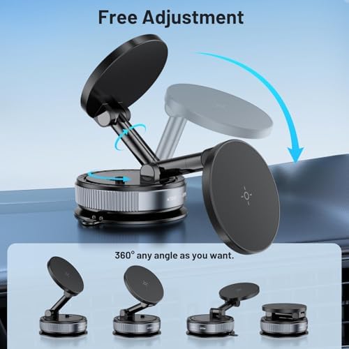 Magnetic Phone Holder for Car, Suction Cup Phone Mount, Foldable Vacuum Magnetic Phone Holder with Adjustable Swivel Lock, 360°Adjustable Phones Stand for All Smartphones,Cars, Trucks,Home,Gym – Enhanced Compatibility and Speed