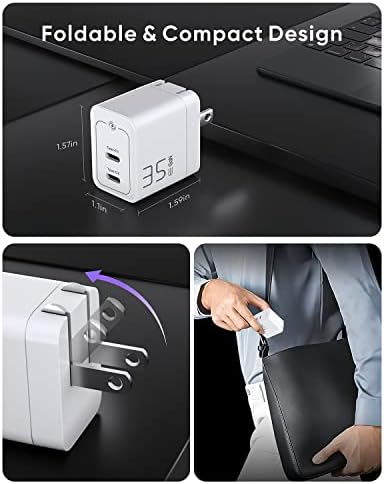 Powerlot Zero Mini 35 W Dual USB-C Wall Charger – Compact Ga N Fast Charging Adapter with PPS PD 3.0 for i Phone 12, 13, 14 Pro Max, Galaxy, i Pad, Air Pods, and Mac Book Air – Lightweight, Foldable Design for Ultimate Portability and Universal Compatibility